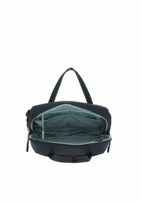 Valise gris foncé à deux poignées, entièrement ouverte pour montrer un intérieur spacieux gris clair avec plusieurs compartiments et une poche zippée.