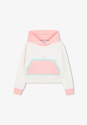 Sweat à capuche blanc avec capuche et poignets roses, doté d'une grande poche avant rose bordée de bleu clair et d'un petit logo "HUGO" sur la poitrine.