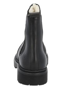 Stivaletto in pelle nera con una morbida fodera interna, pannelli laterali elasticizzati e una suola in gomma texturizzata. Logo impresso sul tallone.