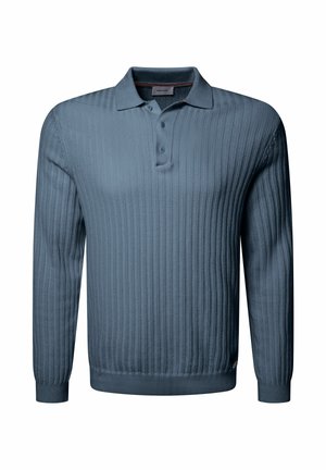 Langdurige polo met lange mouwen in gedempt blauw, met ribbeltextuur, een twee-knopen sluiting en een platte kraag. Zacht materiaal met een getailleerd ontwerp.