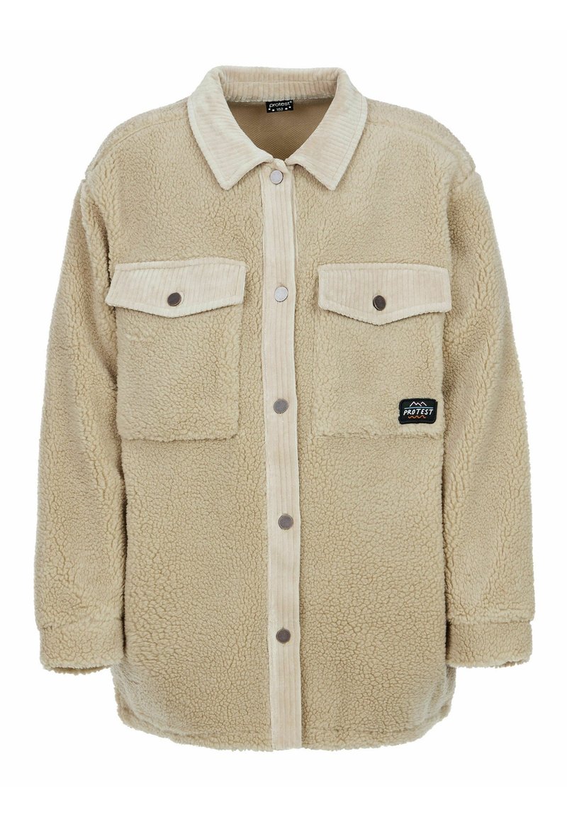 Veste en polaire beige oversize avec un col en velours côtelé, dotée de deux poches avant, de boutons-pression et d'un logo de la marque sur le côté gauche.