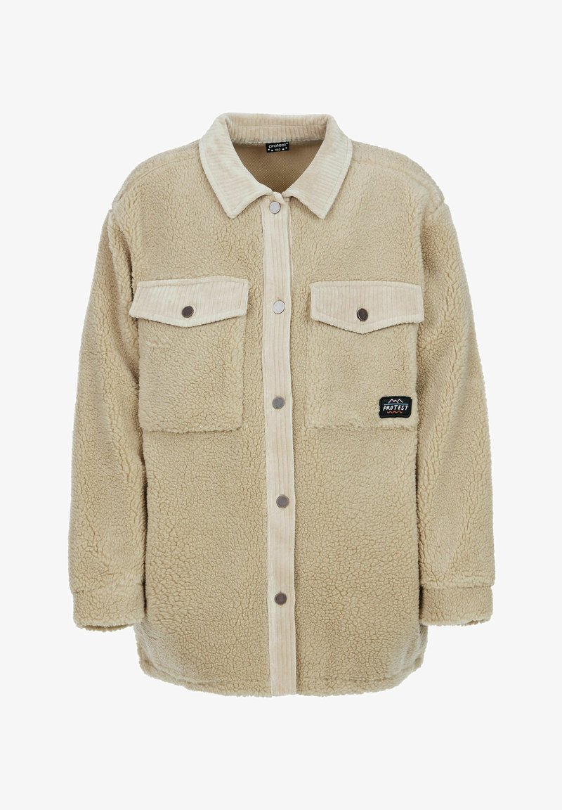 Veste en polaire beige oversize avec un col en velours côtelé, dotée de deux poches avant, de boutons-pression et d'un logo de la marque sur le côté gauche.