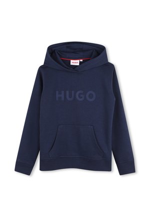 Marineblaue Kapuzenjacke mit Fronttasche und geprägtem "HUGO"-Logo auf der Brust, mit kapuzenfreiem Kordelzug.