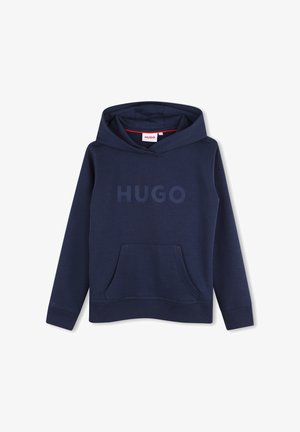 Marineblaue Kapuzenjacke mit Fronttasche und geprägtem "HUGO"-Logo auf der Brust, mit kapuzenfreiem Kordelzug.