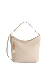 Borsa a tracolla in pelle beige con finitura texturizzata, manico curvo singolo e tasca con cerniera dotata di dettagli in metallo color oro.