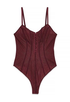 Burgundijas bodijs ar caurspīdīgu teksturētu audumu, vertikālāmšuvēm, regulējamām siksnām un priekšējo aizdari ar pogām.