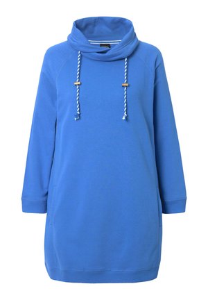 Blaues Sweatkleid mit hohem Kragen, zwei Holzakzenten an den Kordeln, seitlichen Taschen und langen Ärmeln mit gerippten Bündchen.