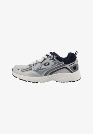 Baskets blanches et grises avec doublure bleu marine, laçage sur l'avant, semelle texturée et logo de marque sur le côté.