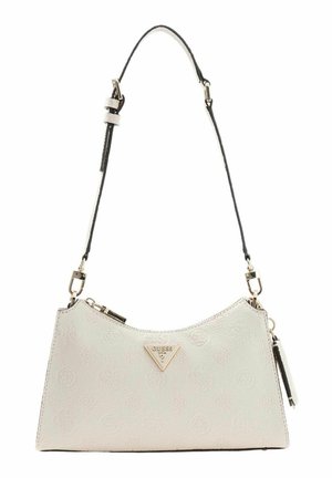 Sac à main synthétique blanc avec surface texturée, accent de logo triangulaire, fermeture éclair et bandoulière amovible avec garnitures dorées.