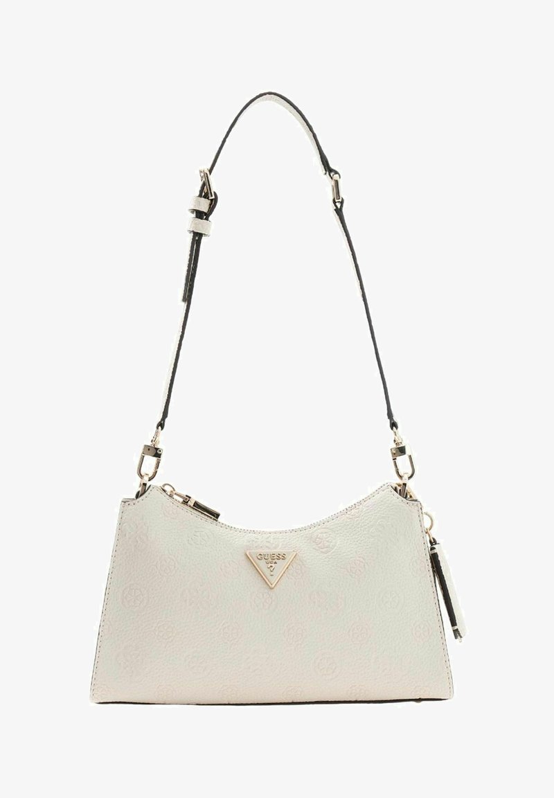 Sac à main synthétique blanc avec surface texturée, accent de logo triangulaire, fermeture éclair et bandoulière amovible avec garnitures dorées.