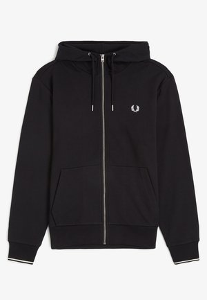 Sweat à capuche noir zippé avec une poche frontale, capuche à cordon, poignets côtelés avec une bande blanche et petit logo laurier blanc sur la poitrine.
