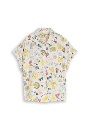 Kurzärmeliges cremefarbenes Hemd mit bunten sommerlichen Illustrationen, darunter Zitronen, Sonnenbrillen, Getränke und italienische Phrasen.