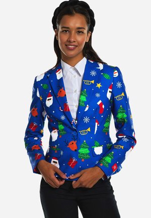 Blue blazer with festive Christmas patterns including Santa, reindeer, gifts, and trees. Features a single button and two front pockets.