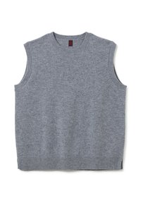 Gilet sans manches en tricot gris avec col côtelé, emmanchures et ourlet, posé à plat sur un fond blanc.