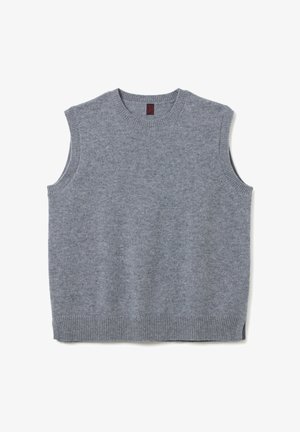 Grauer gestrickter ärmelloser Pullover mit geripptem Kragen, Armausschnitten und Saum, flach auf einem weißen Hintergrund ausgelegt.