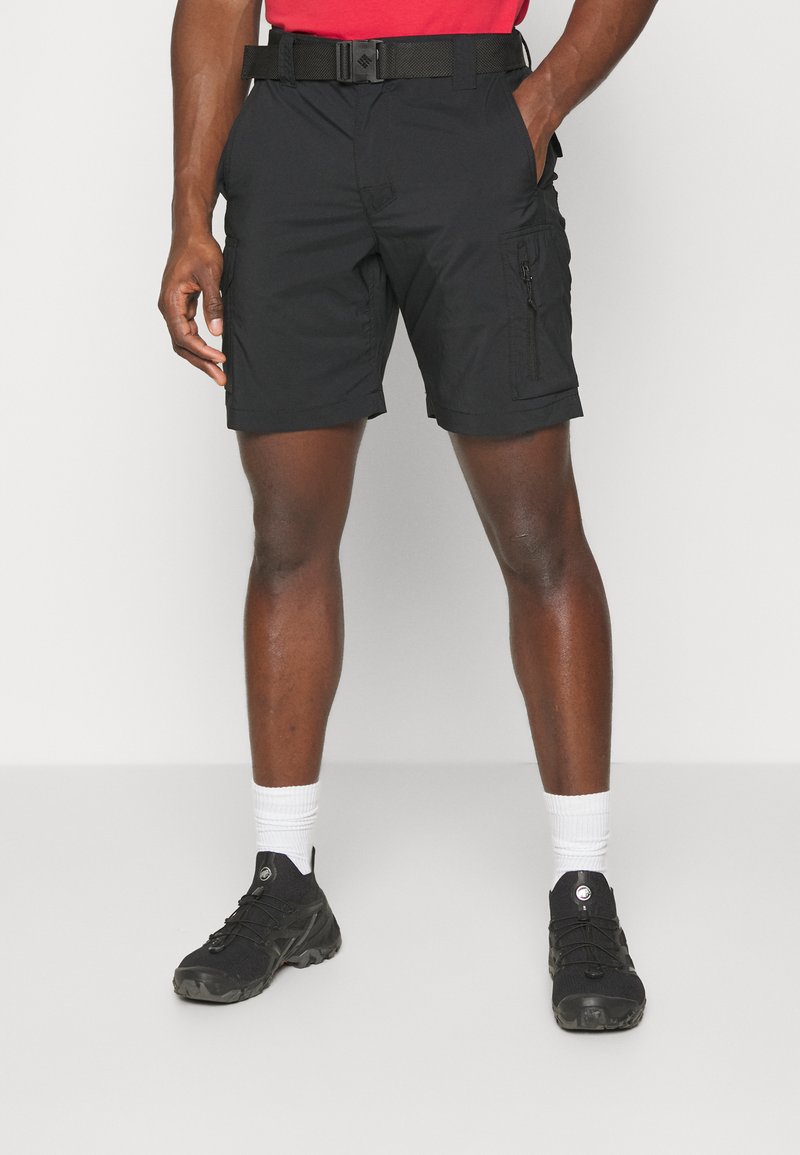 Black cargo shorts made of lightweight material, featuring a belt, side pockets, and a tailored fit. Worn with black shoes and white socks.