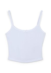 Camisola bianca in cotone con spalline sottili regolabili, scollatura quadrata e un dettaglio a fiocco decorativo al centro frontale. Tessuto liscio.