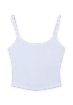 Camisola bianca in cotone con spalline sottili regolabili, scollatura quadrata e un dettaglio a fiocco decorativo al centro frontale. Tessuto liscio.