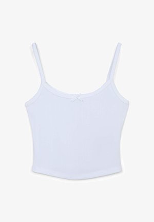 Camisola bianca in cotone con spalline sottili regolabili, scollatura quadrata e un dettaglio a fiocco decorativo al centro frontale. Tessuto liscio.