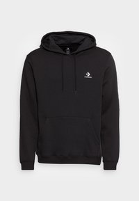Sudadera negra de mezcla de algodón, con un bolsillo frontal tipo canguro, cordón ajustable y un pequeño logo blanco en el pecho.
