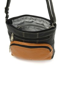 Schwarze Leder-Schultertasche mit einer braunen Lederreißverschlusstasche, ausgestattet mit einem gestreiften Innenfutter und mehreren Fächern zur Organisation.