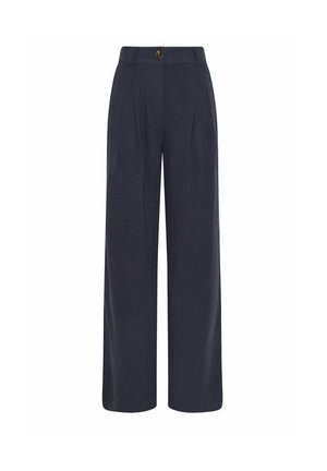 Marineblauwe, hoog getailleerde broek met wijde pijpen, voorplooien, riemlussen en een enkele donkere knoopsluiting.