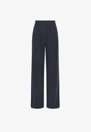 Marineblauwe, hoog getailleerde broek met wijde pijpen, voorplooien, riemlussen en een enkele donkere knoopsluiting.