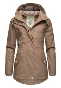 Beige waterproof jacket with a zip front and drawstring hood. Features side pockets and a patterned lining with floral details.