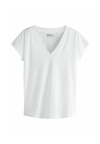 Valge T-särk pehmest kangast, millel on V-kaelus ja lühikesed varrukad. Disain on lihtne, lõdva ja veidi lahtise lõikega.