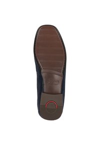 Marine textiel schoenzool met een bruine rubberen onderkant, voorzien van een cirkelvormige rode accent en een gestructureerd grip patroon, met het logo in de zijkant geperst.