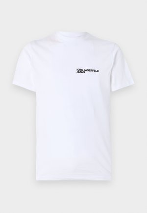 Tricou alb din bumbac, cu mâneci scurte, guler rotund și un logo negru "KARL LAGERFELD JEANS" pe partea stângă a pieptului.
