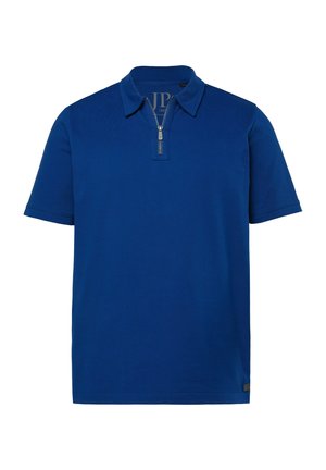 Kortærmet, kongeblå polo med krave og frontlynlås, ensfarvet design og lille logomærke nær kanten.