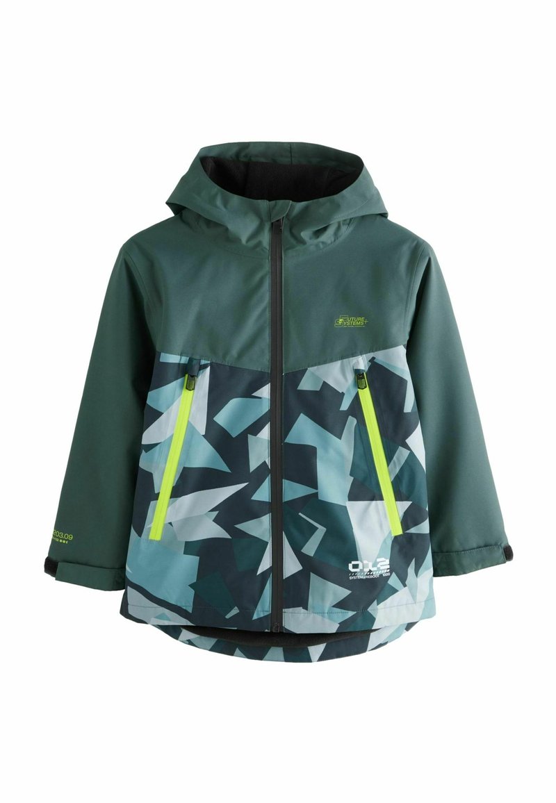 Veste à capuche pour enfants avec partie supérieure vert foncé, motif géométrique bleu sur la moitié inférieure et poches zippées jaune vif.