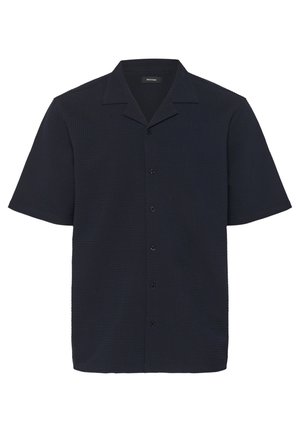 Korte mouwen, donkerblauwe shirt met een gestructureerde stof. Heeft een puntige kraag en zes knopen aan de voorkant. Rechte zoom.