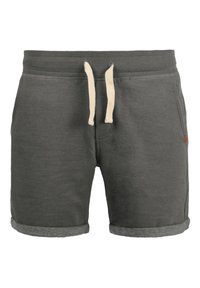 Shorts en coton gris foncé avec une taille à cordon de serrage à cordons couleur crème, ourlet retroussé et une poche latérale avec un petit logo.