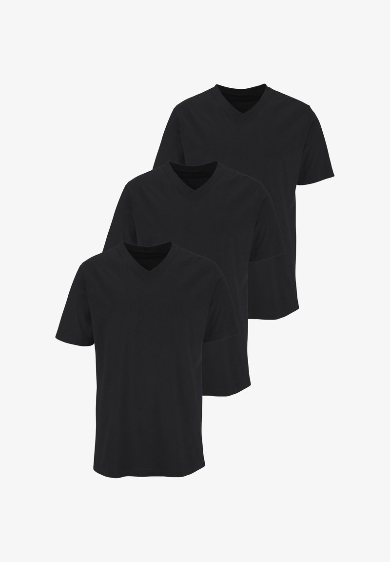 Trzy czarne t-shirty z dekoltem w serek wyeksponowane w stosie. Krótkie rękawy, miękka tkanina, prosty design bez wzorów czy akcentów.