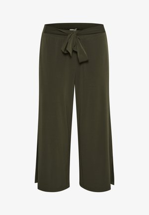 Pantalons larges vert olive en tissu doux, avec une taille à nouer, des fentes sur les côtés et une texture lisse.