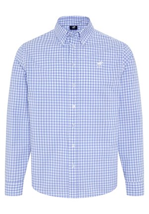 Blue and white gingham shirt, long sleeves, button-down collar, front buttons, subtle logo on chest, cotton fabric, smooth texture.