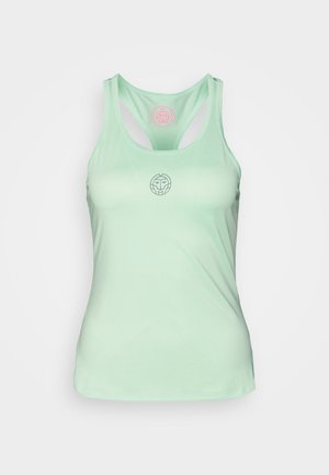 Lysegrøn racerback atletiktop med lille rundt logo centreret på brystet og et pink logo på øvre ryg.
