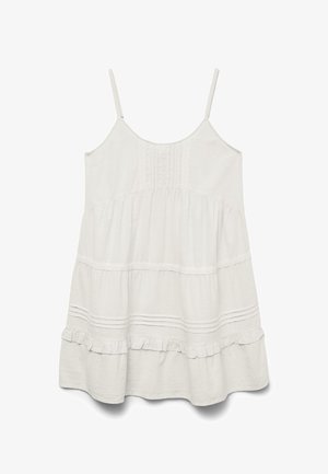 Vestido branco sem mangas com alças ajustáveis, tecido texturizado, acabamento em babados e design em camadas com detalhes em renda ao longo das costuras.