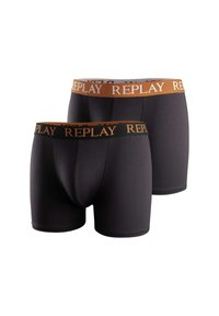 Svarta bomullsboxer med elastisk midjeband. En har en orange "REPLAY"-logotyp, medan den andra har ett svart midjeband med samma logotyp.
