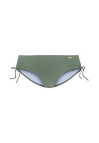 Oliņu zaļais bikini apakšdaļa, kas izgatavota no gludas auduma, ar savilktām malām un saitēm, kā arī gaiši zilu iekšējo odere. Iekļauta zelta toņa logo akcenta.