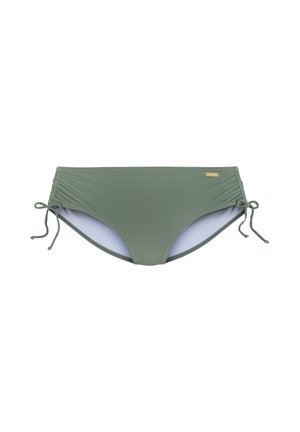 Olijfgroen bikini onderstuk van gladde stof, met ruches aan de zijkanten met touwtjes en een lichtblauwe voering. Inclusief een gouden logoaccent.