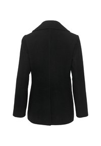 Manteau en laine noir avec manches longues, un large col et une couture droite dans le dos, visible de dos sur fond blanc.