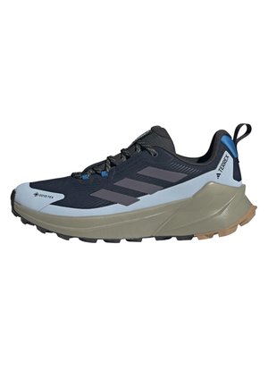 Schwarzer und grauer Adidas Terrex Wanderschuh mit beiger Sohle, blauem Fersenlasche, schwarzen Schnürsenkeln und Gore-Tex wasserdichtem Etikett an der Zehe.