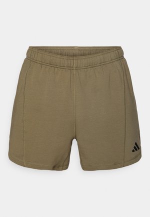 Khaki athletic shorts with an elastic waistband, contrasting black stitching, and an Adidas logo on the lower right side.