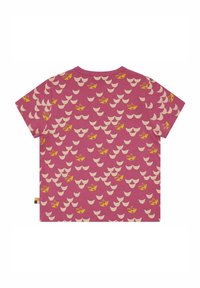 Rosa Kurzarm-T-Shirt mit einem sich wiederholenden Muster aus gelben und cremefarbenen Booten, aus weichem Baumwollmaterial und mit rundem Halsausschnitt.