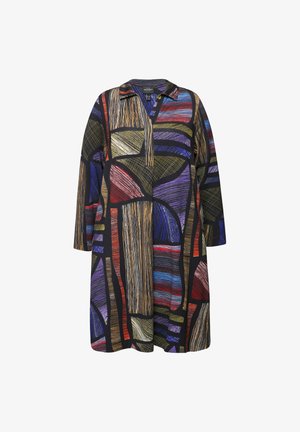 Kleid mit abstrakt gemustertem Design und Kragen, das eine Mischung aus Schwarz, Rot, Blau und goldenen Farbtönen aufweist, aus leichtem Stoff gefertigt.