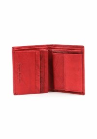 Red leather wallet featuring multiple card slots, a clear ID pocket, and embossed logo. Smooth texture with a sleek design.