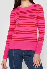 Maglione rosa lavorato a maglia con strisce orizzontali rosse, scollatura rotonda e polsini e orlo a coste. Indossato con jeans di denim blu.